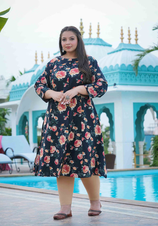 Black Floral Cotton Flex Kurti