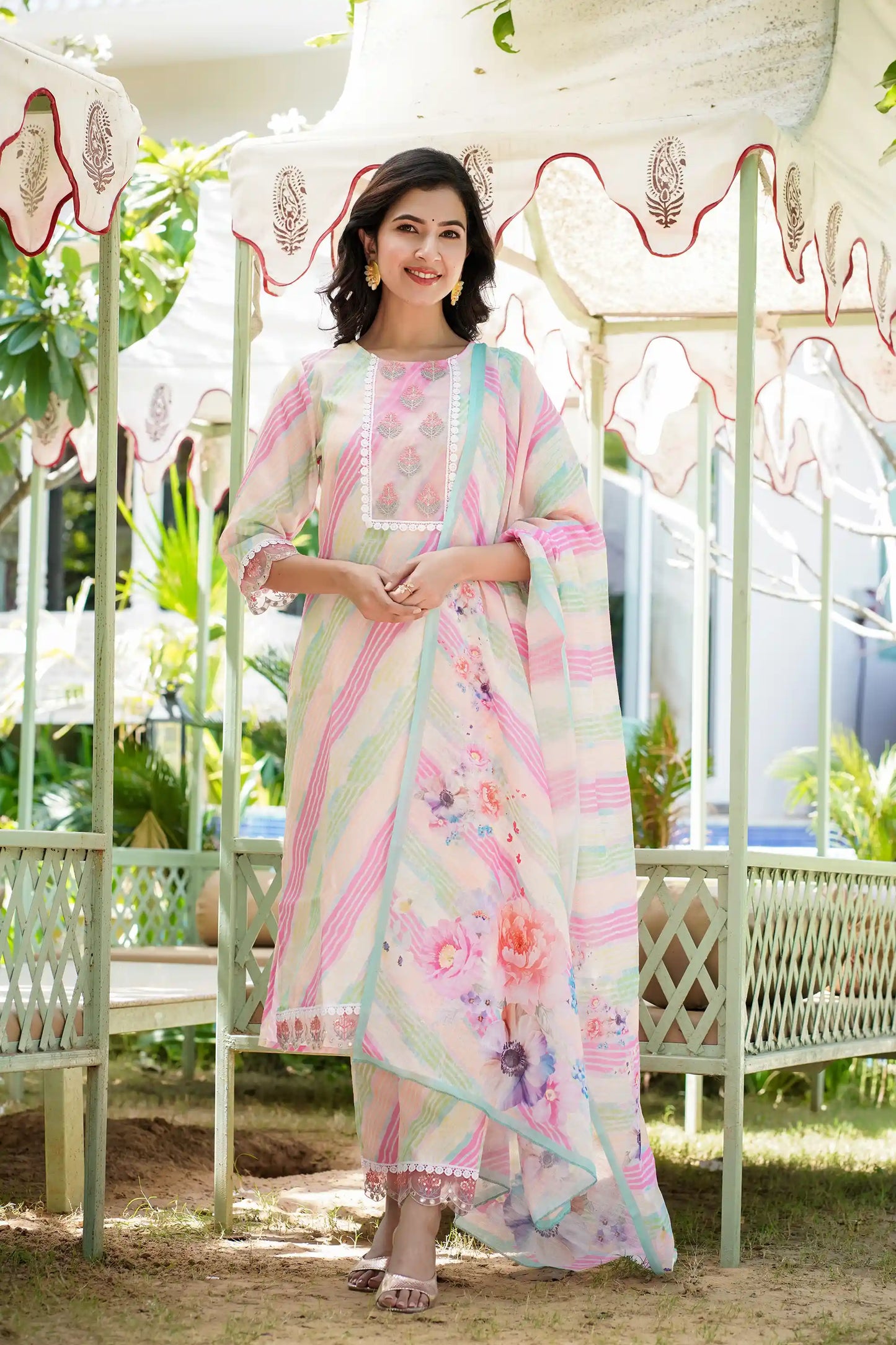 Multi-colour Cotton Linen Leheriya Suit