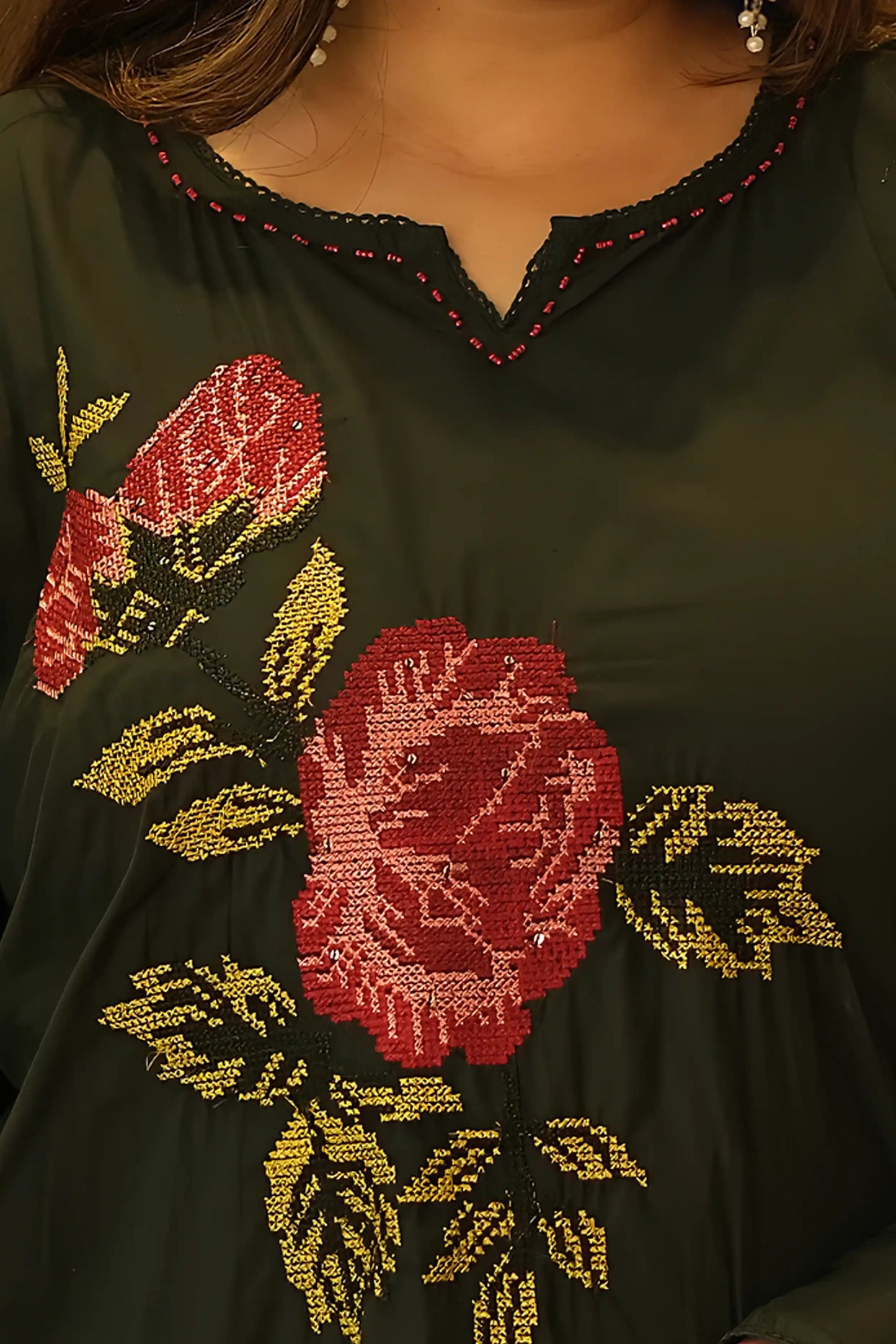 Green Rose Embroidered Plus Size Cotton Suit Set