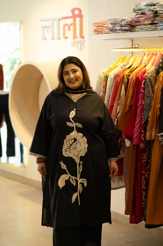 Black Rose Embroidered Plus Size Cotton Suit Set