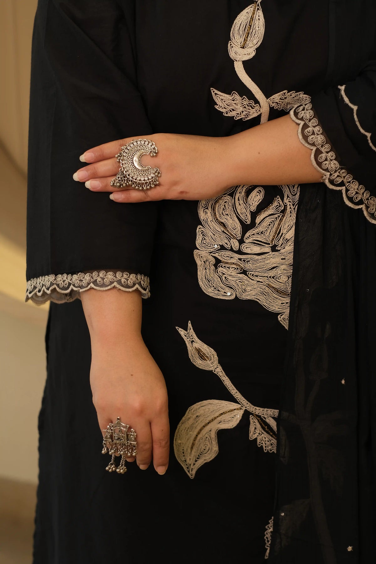 Black Rose Embroidered Plus Size Cotton Suit Set