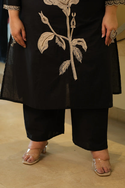 Black Rose Embroidered Plus Size Cotton Suit Set