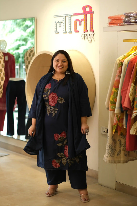 Blue Rose Embroidered Plus Size Cotton Suit Set