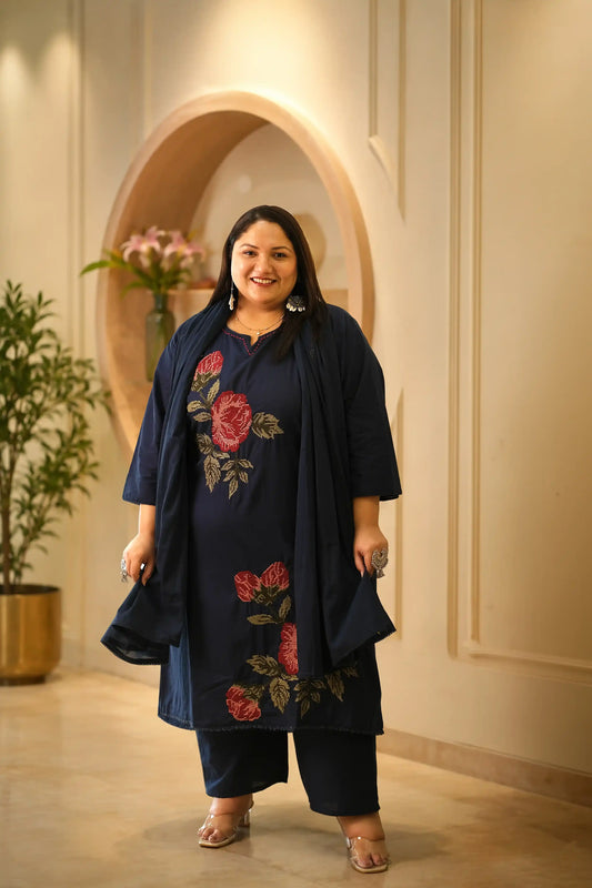 Blue Rose Embroidered Plus Size Cotton Suit Set