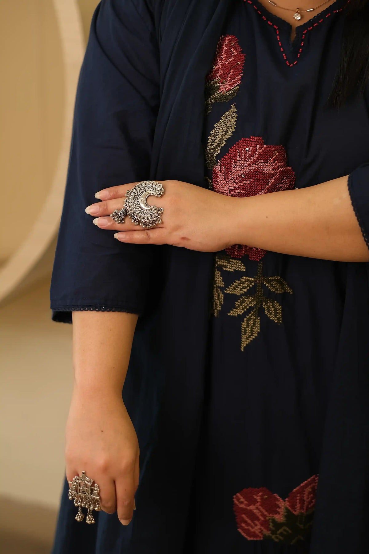 Blue Rose Embroidered Plus Size Cotton Suit Set
