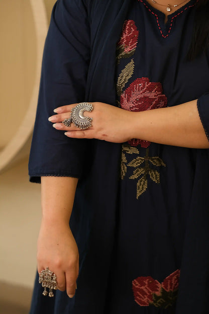 Blue Rose Embroidered Plus Size Cotton Suit Set