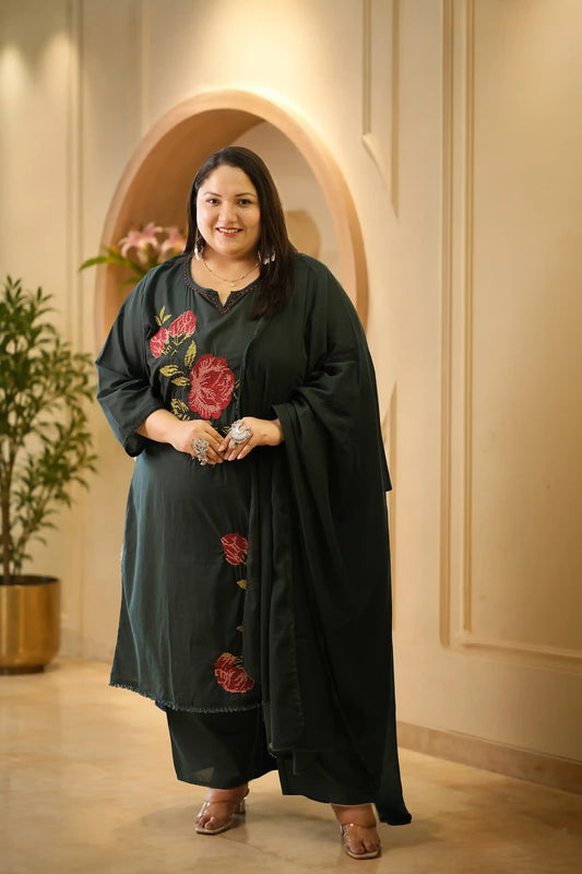 Green Rose Embroidered Plus Size Cotton Suit Set