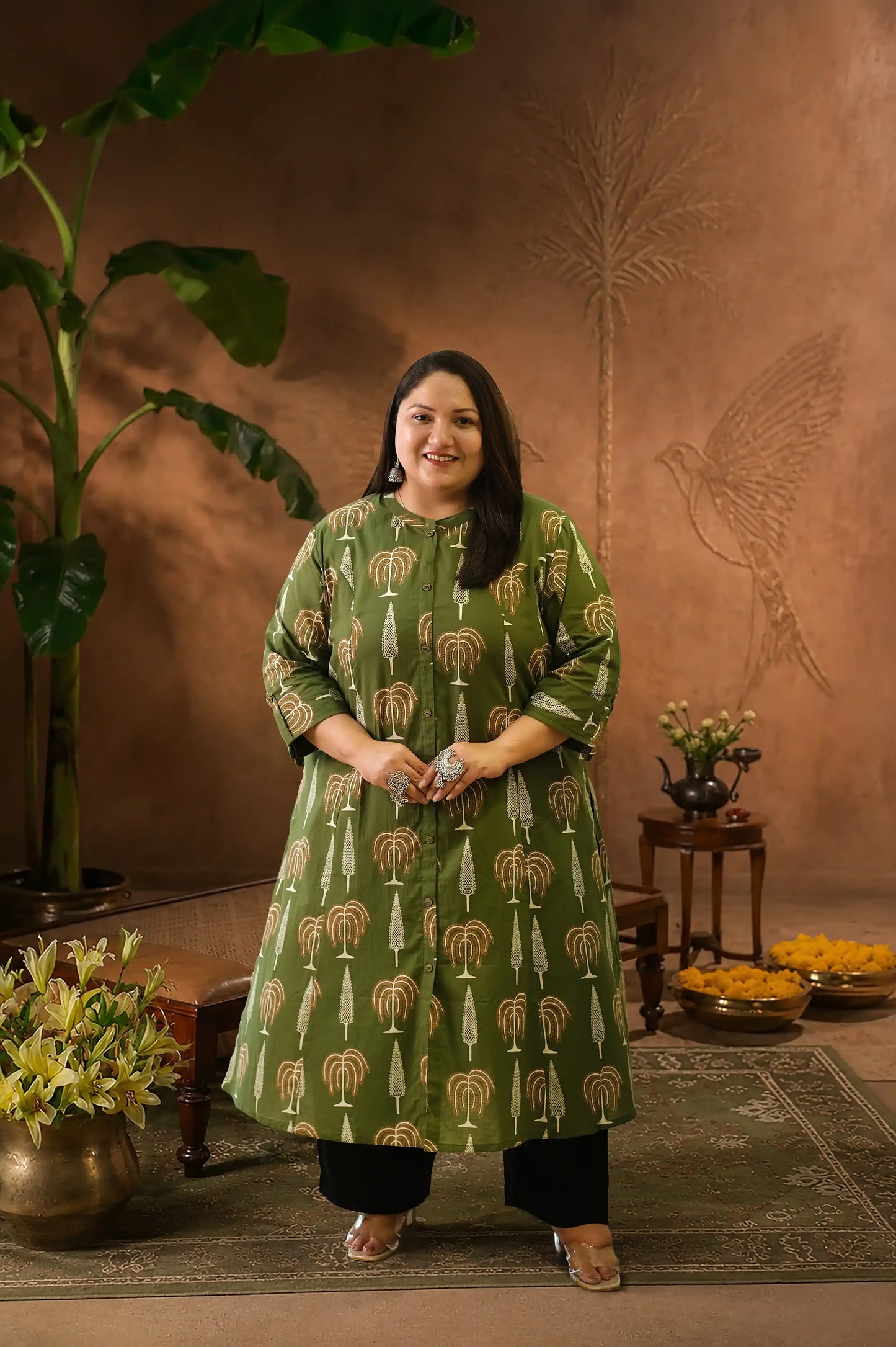 Nia Green Plus Size Floral Cotton Kurti