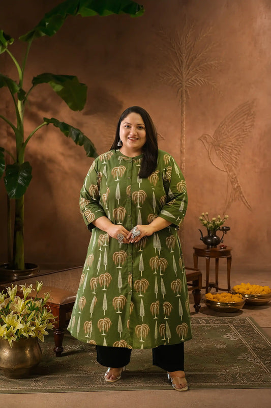 Nia Green Plus Size Floral Cotton Kurti