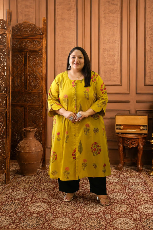 Seerat Mustard Plus Size Floral Cotton Kurti