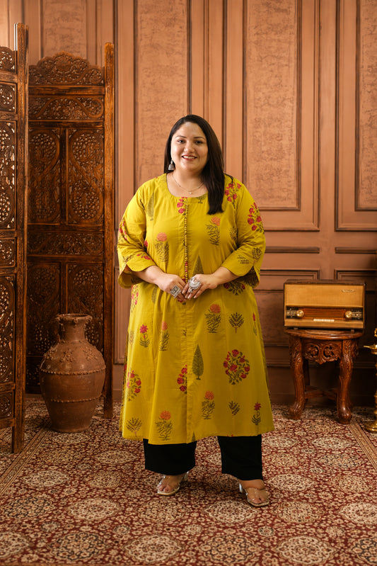 Seerat Mustard Plus Size Floral Cotton Kurti