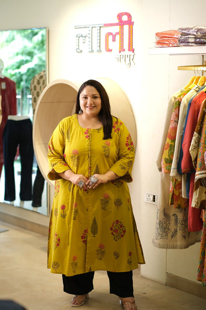 Seerat Mustard Plus Size Floral Cotton Kurti