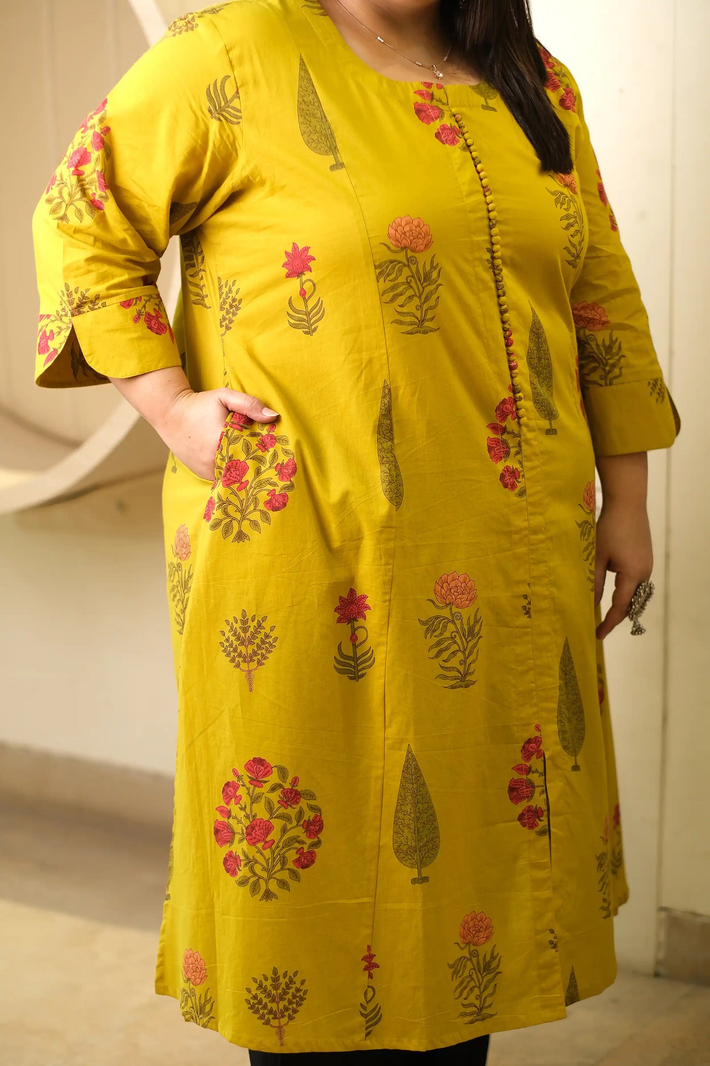 Seerat Mustard Plus Size Floral Cotton Kurti