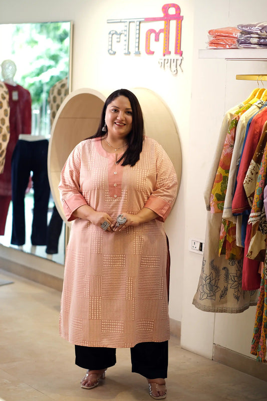 Adaa Peach Plus Size Floral Cotton Kurti