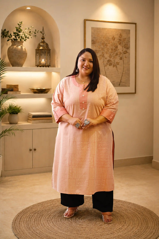 Adaa Peach Plus Size Floral Cotton Kurti