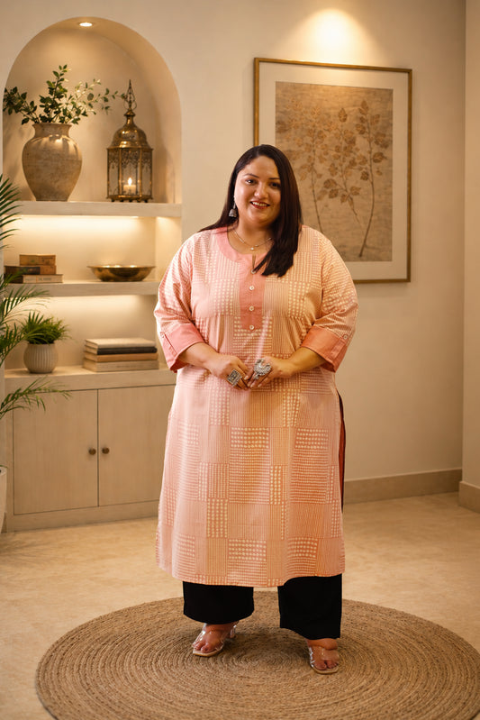 Adaa Peach Plus Size Floral Cotton Kurti