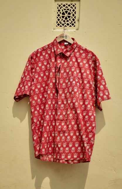 Orange Floral Motif Plus Men Handblock Bushirt