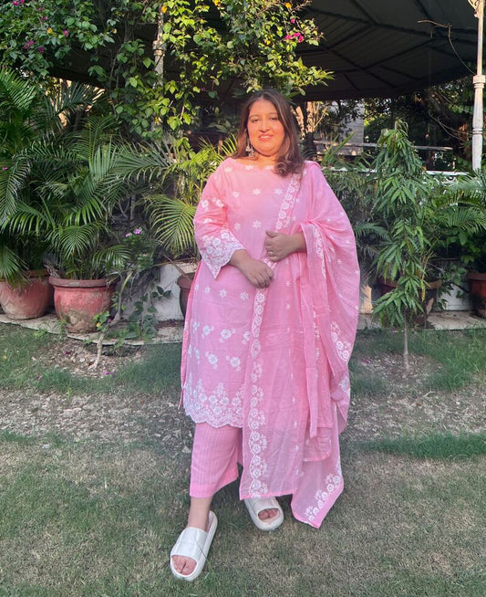 Pink Schiffli Plus Size Sraight Suit Set