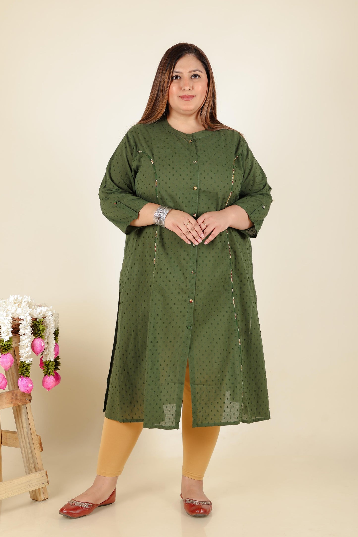 Green Schiffli  Plus Size Cotton Kurti