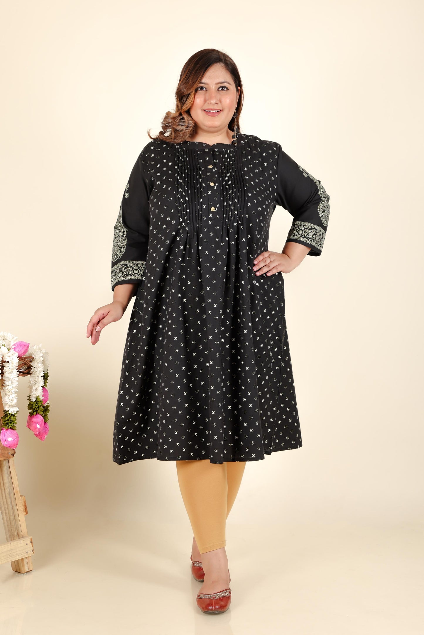 Black Printed Pintucked Gathered Plus Size Kurti