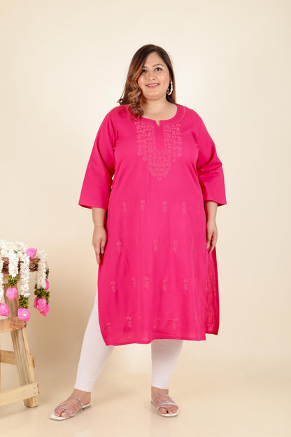 Pink Embroidery Plus Cotton Kurti