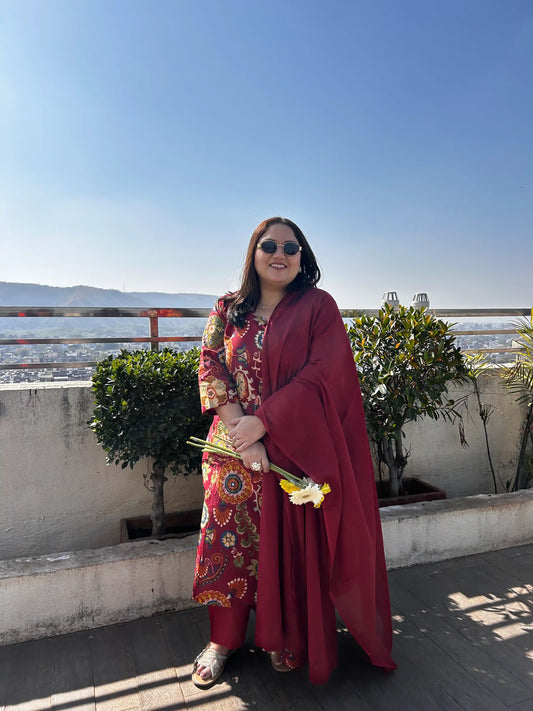 Ishani Maroon Plus Size Cotton Suit Set