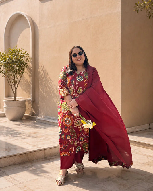 Ishani Maroon Plus Size Cotton Suit Set