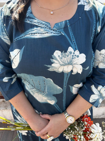 Aashi Blue Floral Plus Size Cotton Suit Set