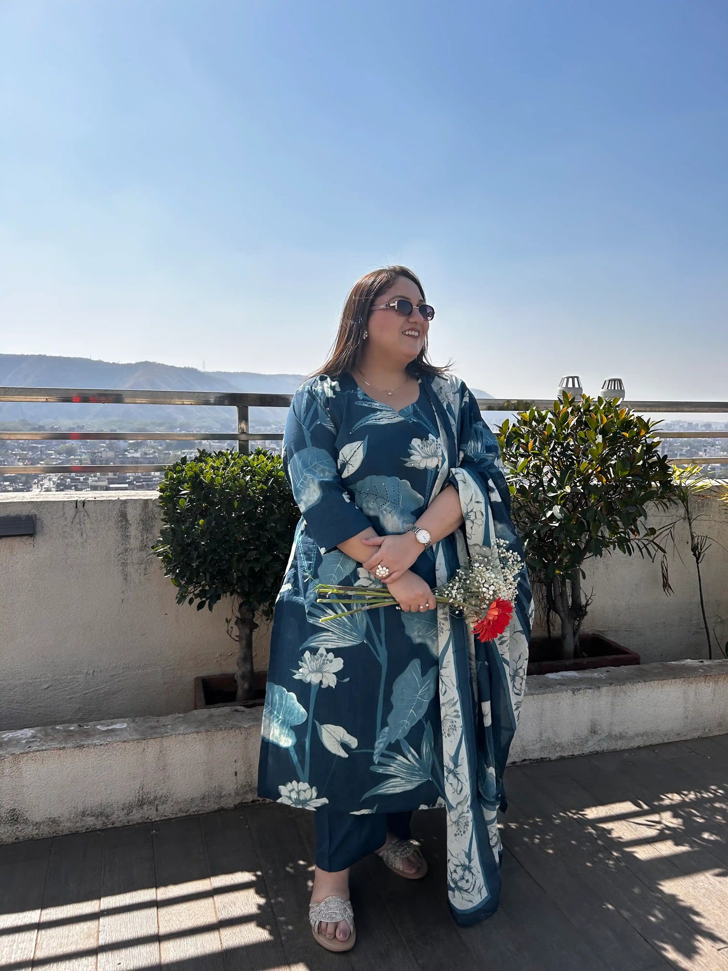 Aashi Blue Floral Plus Size Cotton Suit Set