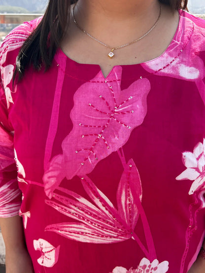 Aashi Pink Floral Plus Size Cotton Suit Set