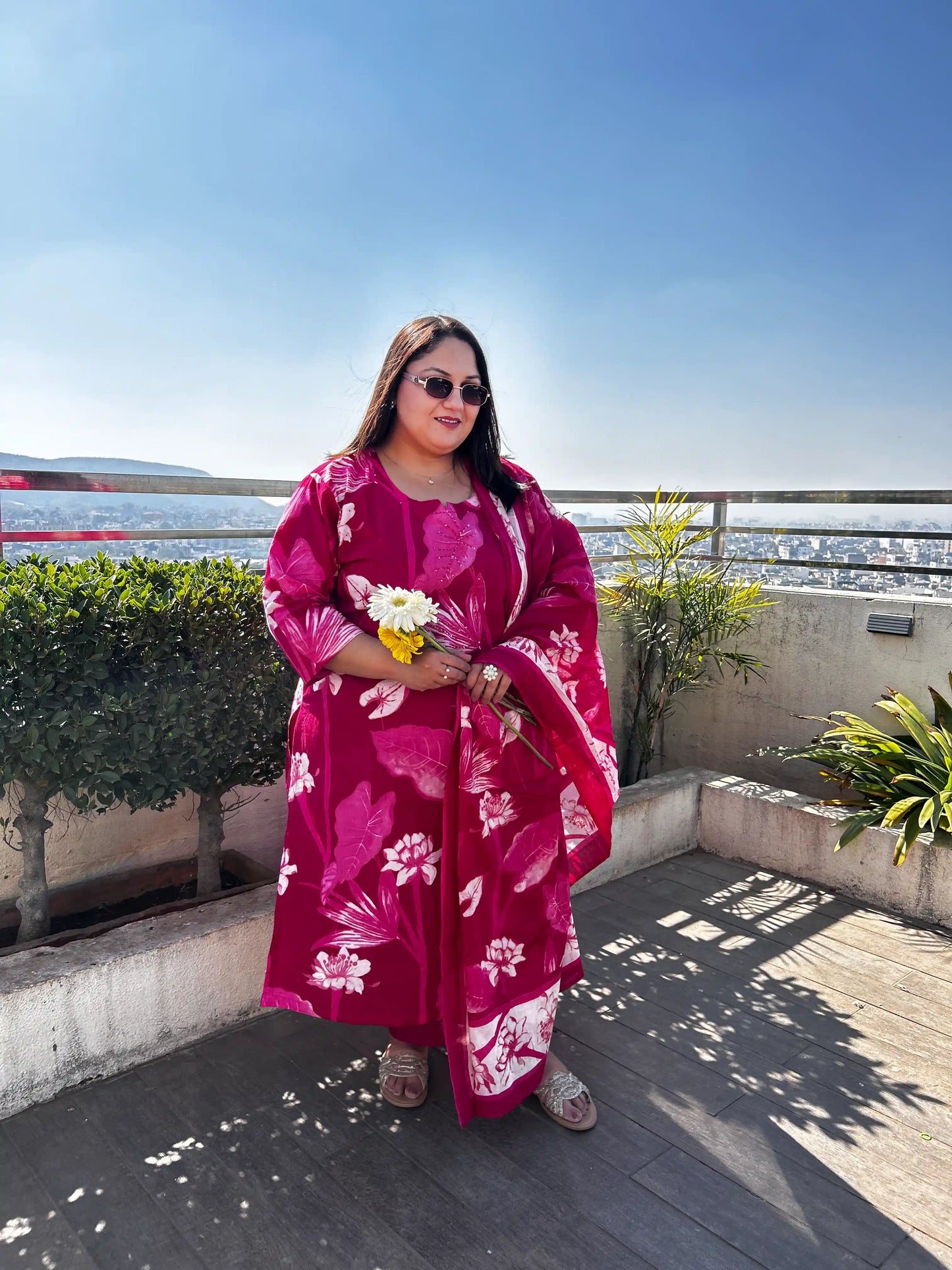 Aashi Pink Floral Plus Size Cotton Suit Set