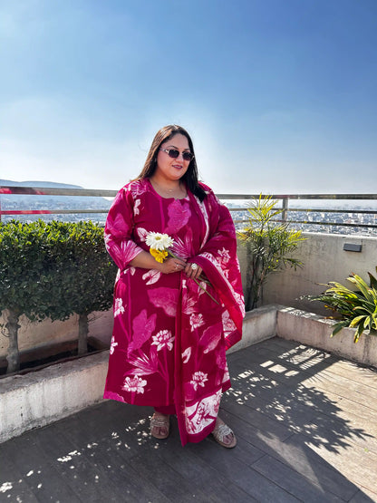Aashi Pink Floral Plus Size Cotton Suit Set