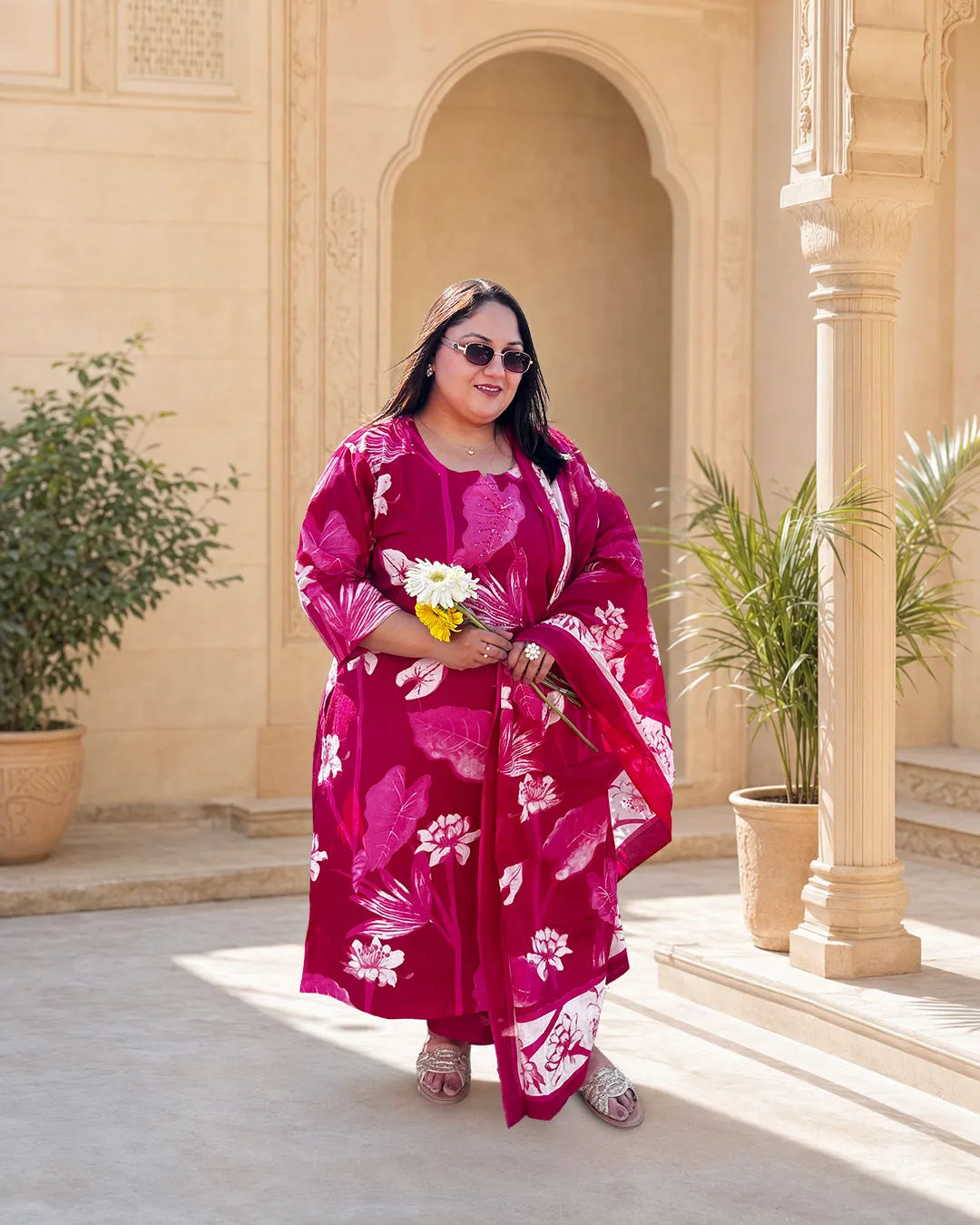 Aashi Pink Floral Plus Size Cotton Suit Set