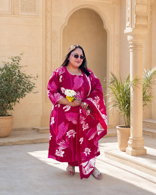 Aashi Pink Floral Plus Size Cotton Suit Set