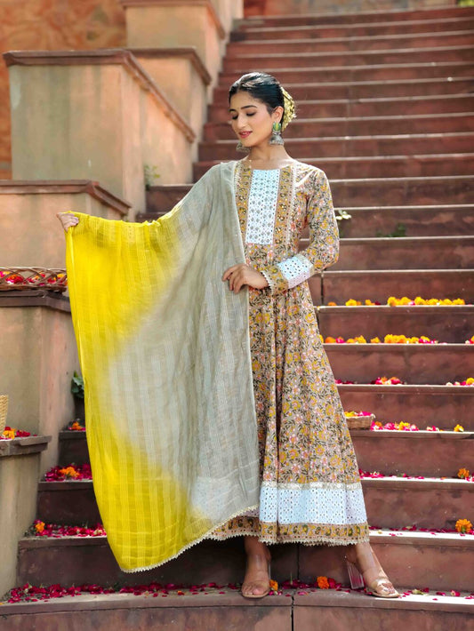 Yellow Schiffli Anarkali Dress with Dupatta