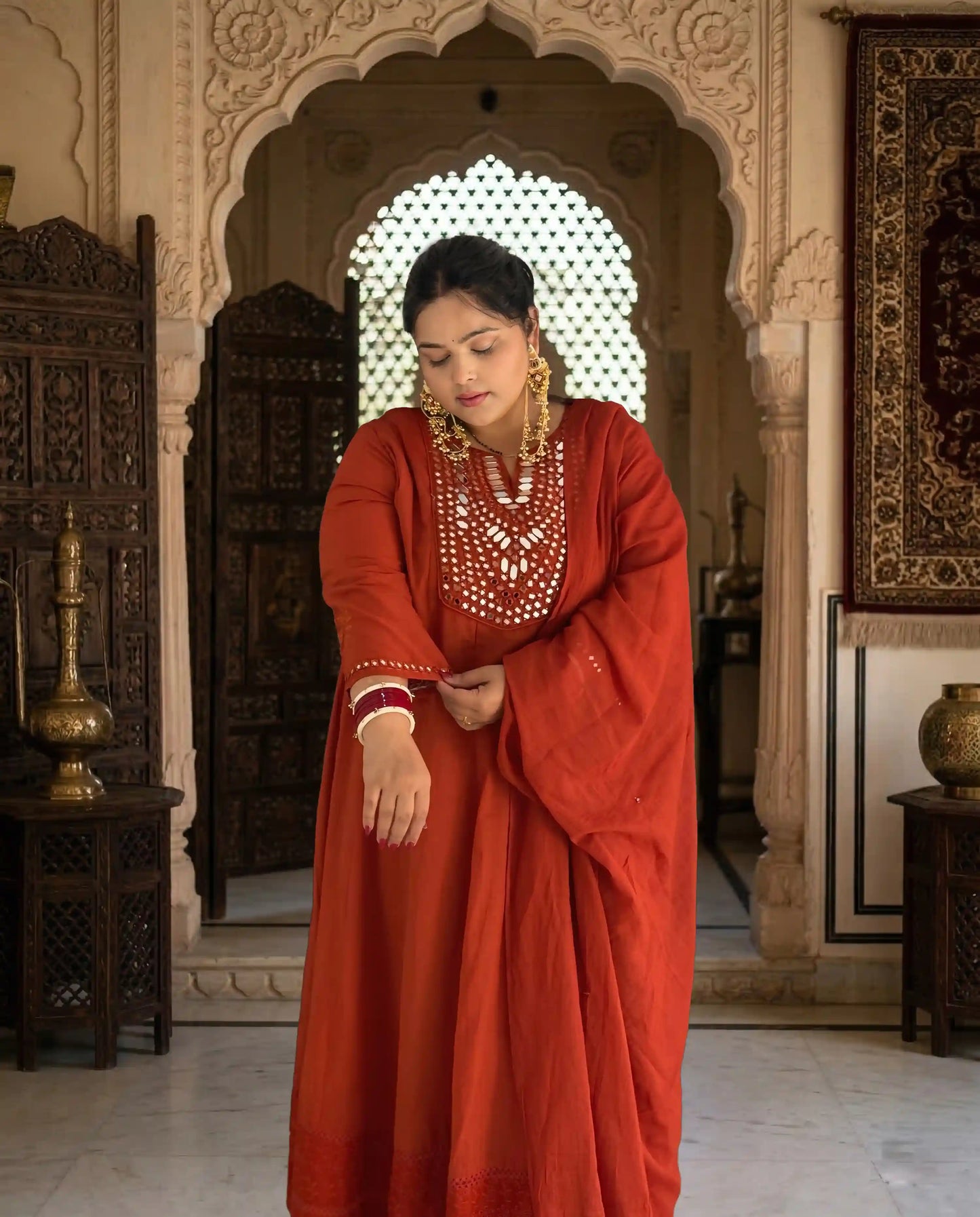 Rust Mirror Detailing A-line Plus Size Suit Set