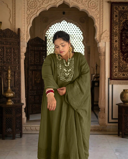 Olive Green Mirror Detailing A-line Plus Size Suit Set
