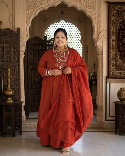 Rust Mirror Detailing A-line Plus Size Suit Set