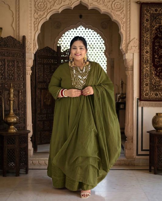 Olive Green Mirror Detailing A-line Plus Size Suit Set