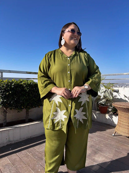 Green Floral Embroidery Co-ord