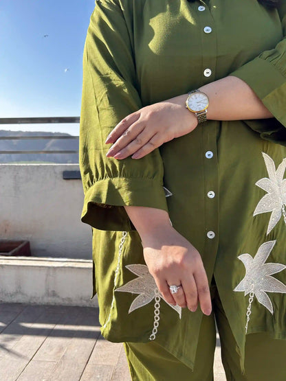 Green Floral Embroidery Co-ord