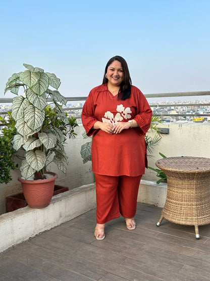 Rust Floral Spread Collar Plus Size Co-ord Set