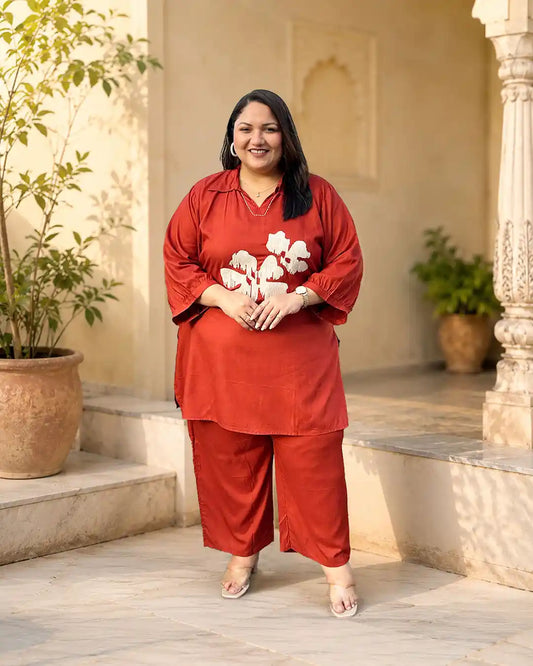 Rust Floral Spread Collar Plus Size Co-ord Set