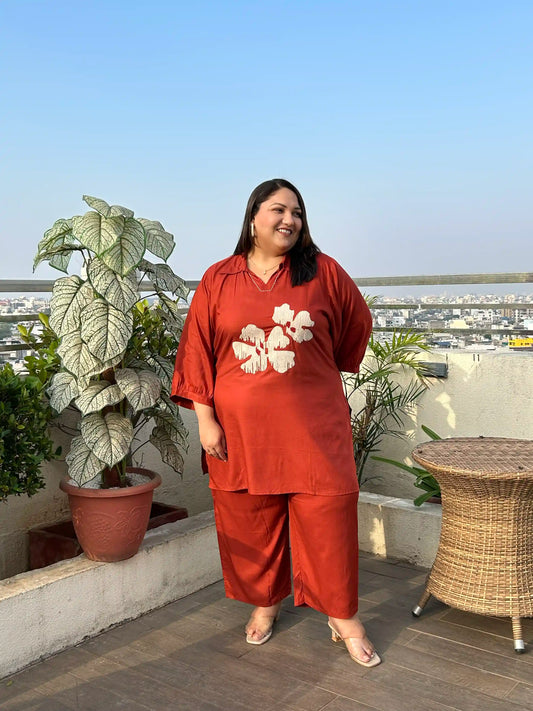 Rust Floral Spread Collar Plus Size Co-ord Set