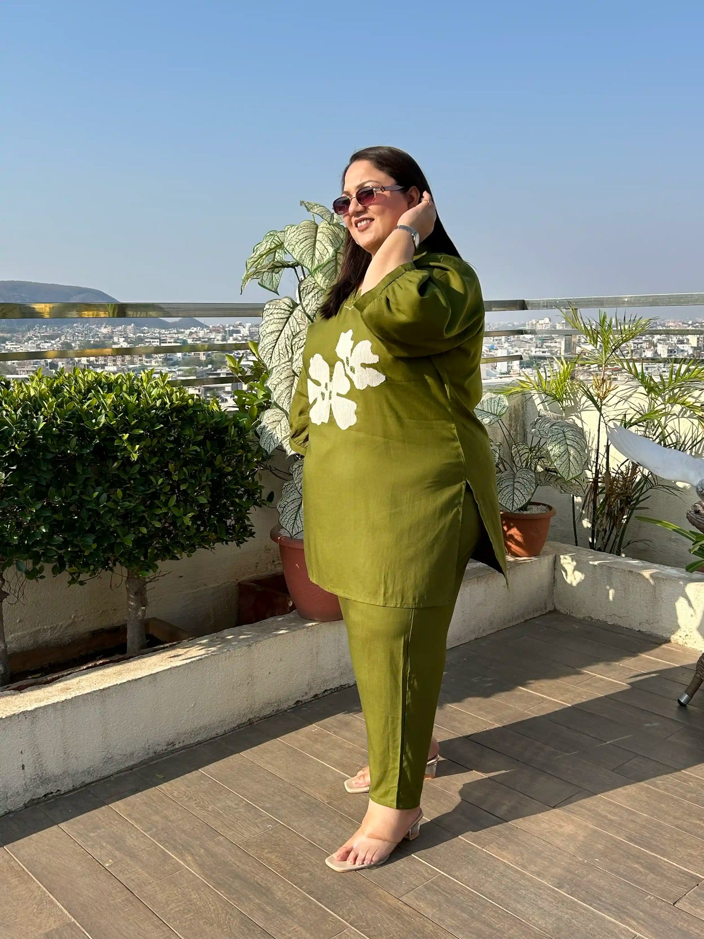 Olive Green Floral Spread Collar Plus Size Co-ord Set