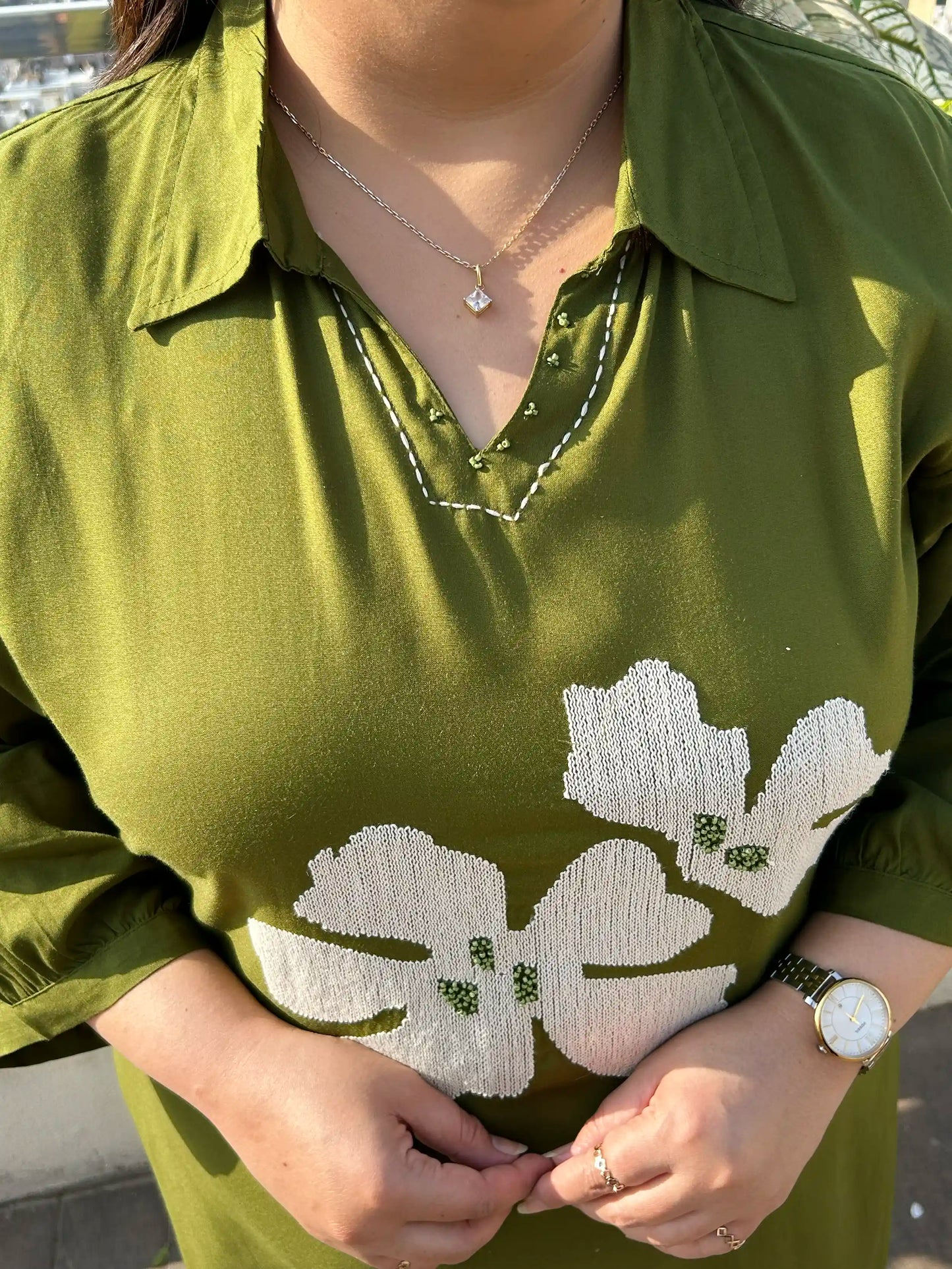 Olive Green Floral Spread Collar Plus Size Co-ord Set