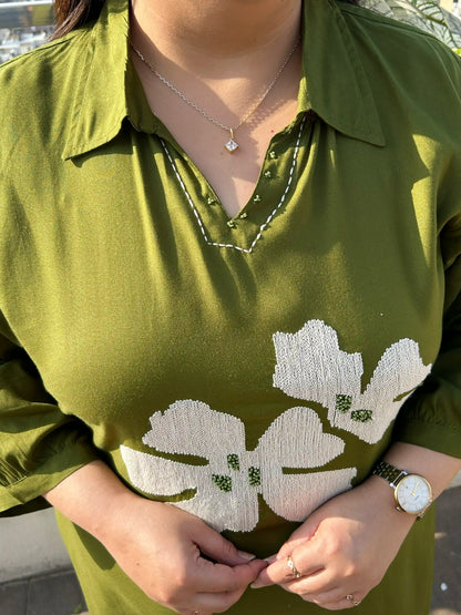 Olive Green Floral Spread Collar Plus Size Co-ord Set