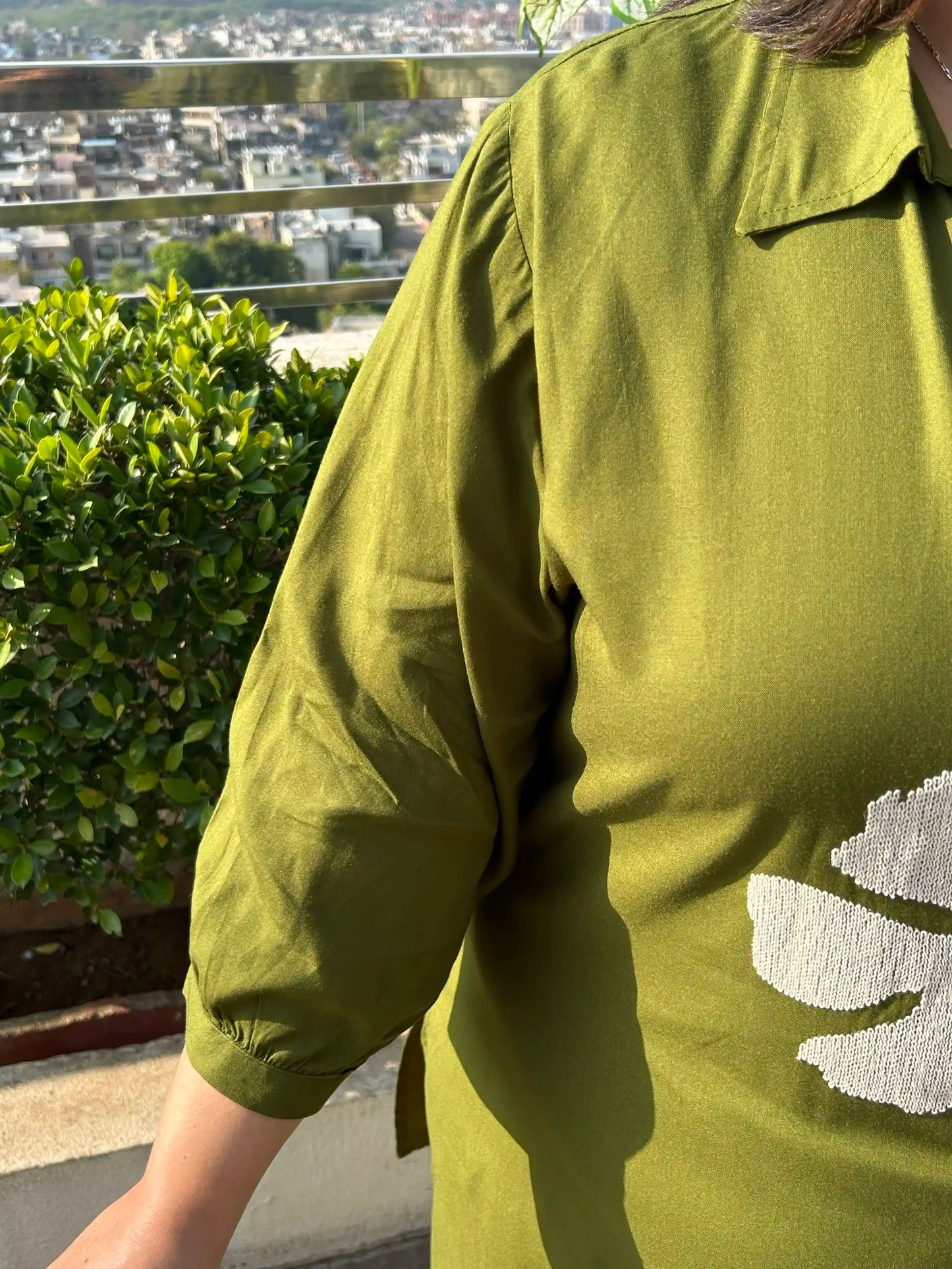Olive Green Floral Spread Collar Plus Size Co-ord Set