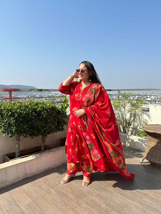 Red Floral A-line Plus Size Cotton Suit Set