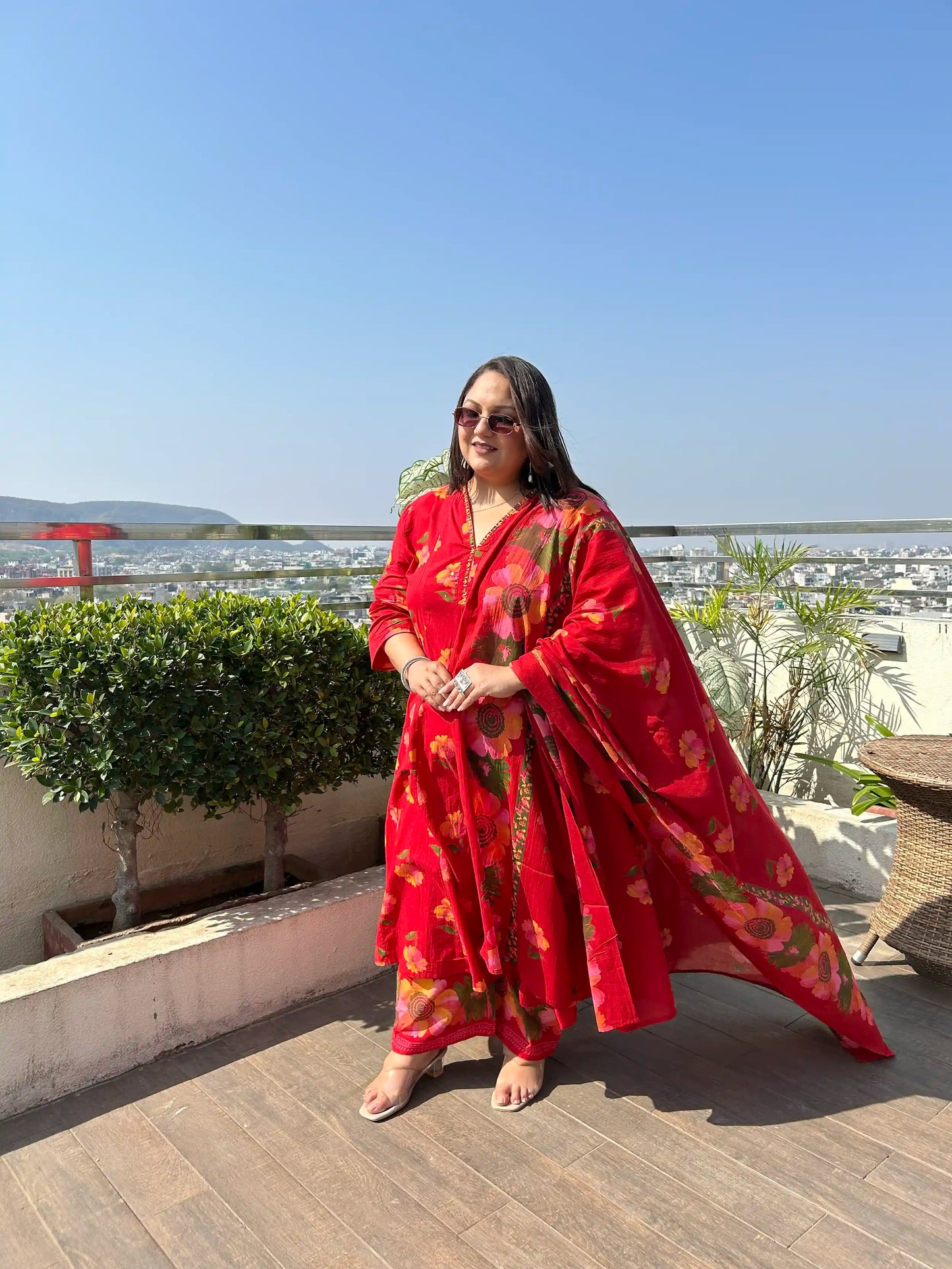 Red Floral A-line Plus Size Cotton Suit Set